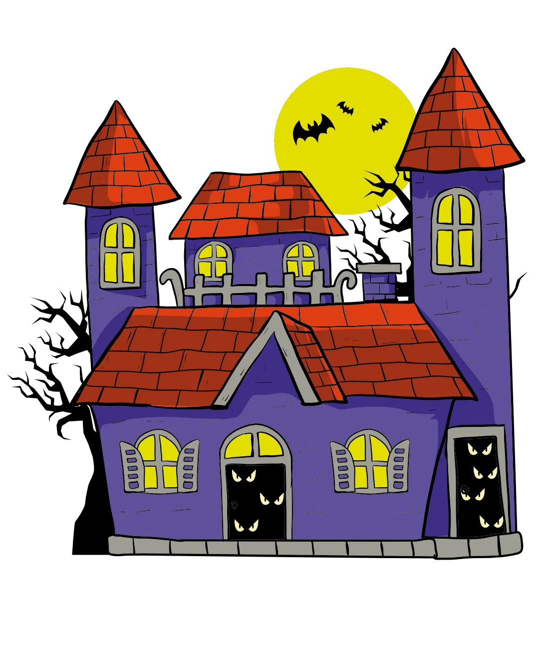 Spooky Halloween Haunted House Clipart with Bats and Moonlit Night Scene