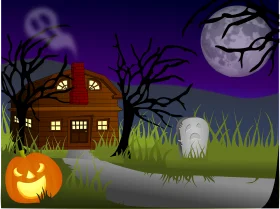 Spooky Halloween Night Haunted House Clipart with Glowing Pumpkin and Eerie Graveyard