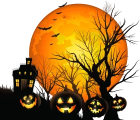 Spooky Halloween Night Scene with Haunted House and Jack-o'-Lanterns Clipart Illustration