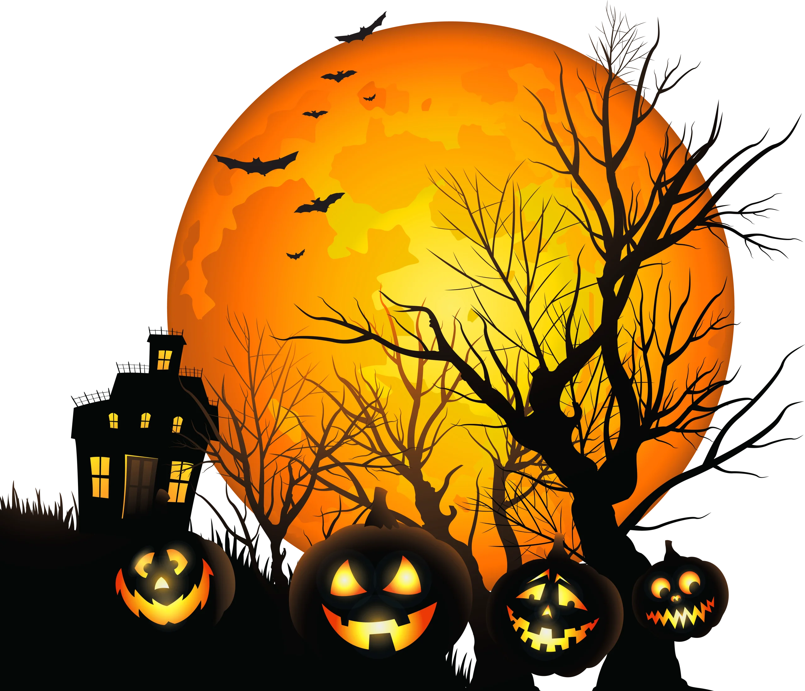Spooky Halloween Night Scene with Haunted House and Jack-o'-Lanterns Clipart Illustration