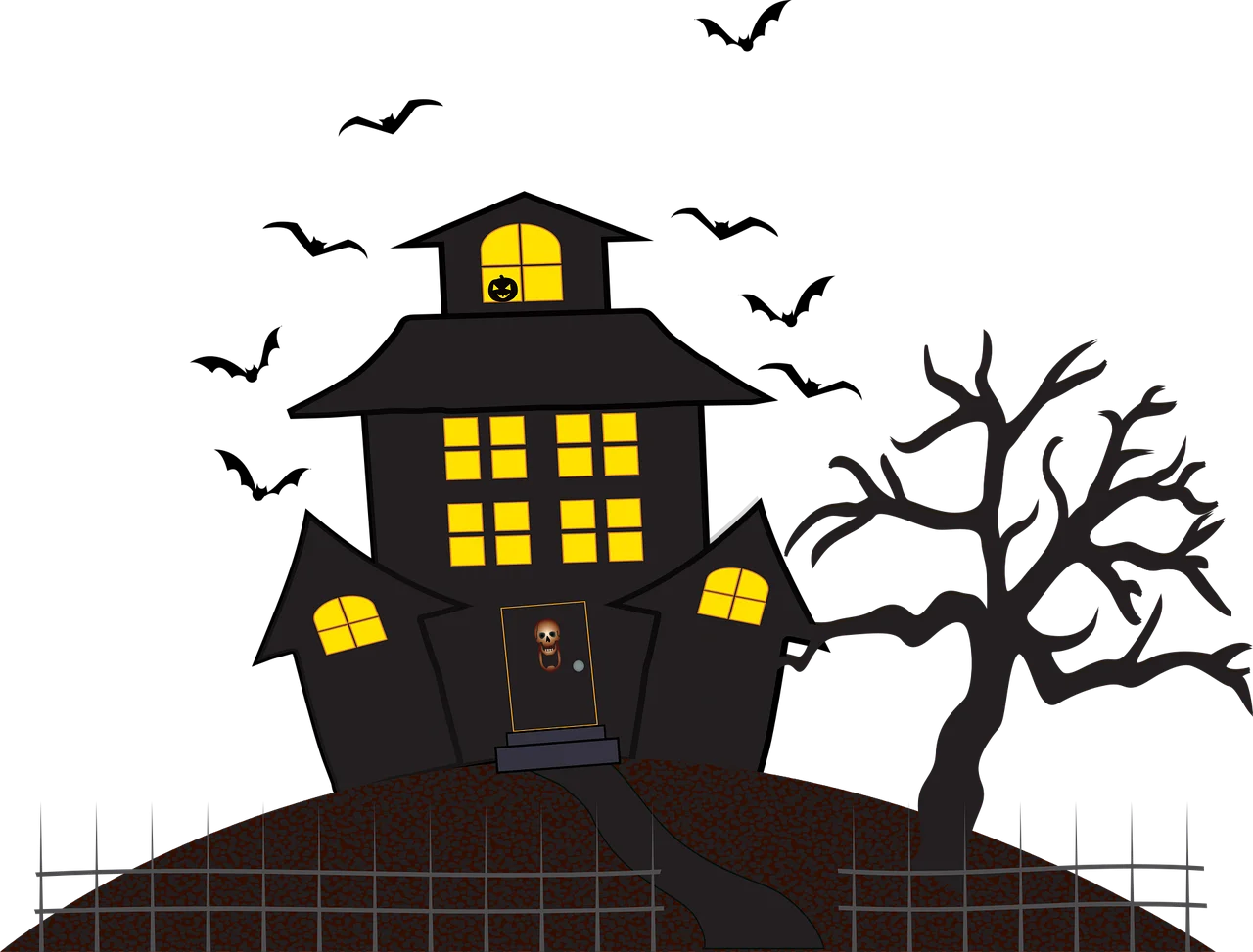 Spooky Haunted House Clipart with Ghostly Bats and Eerie Bare Tree