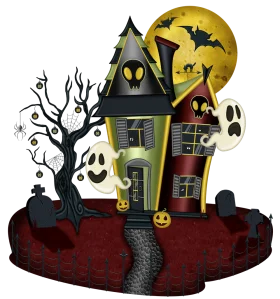 Spooky Haunted House Clipart with Ghostly Spirits and Halloween Night Scene