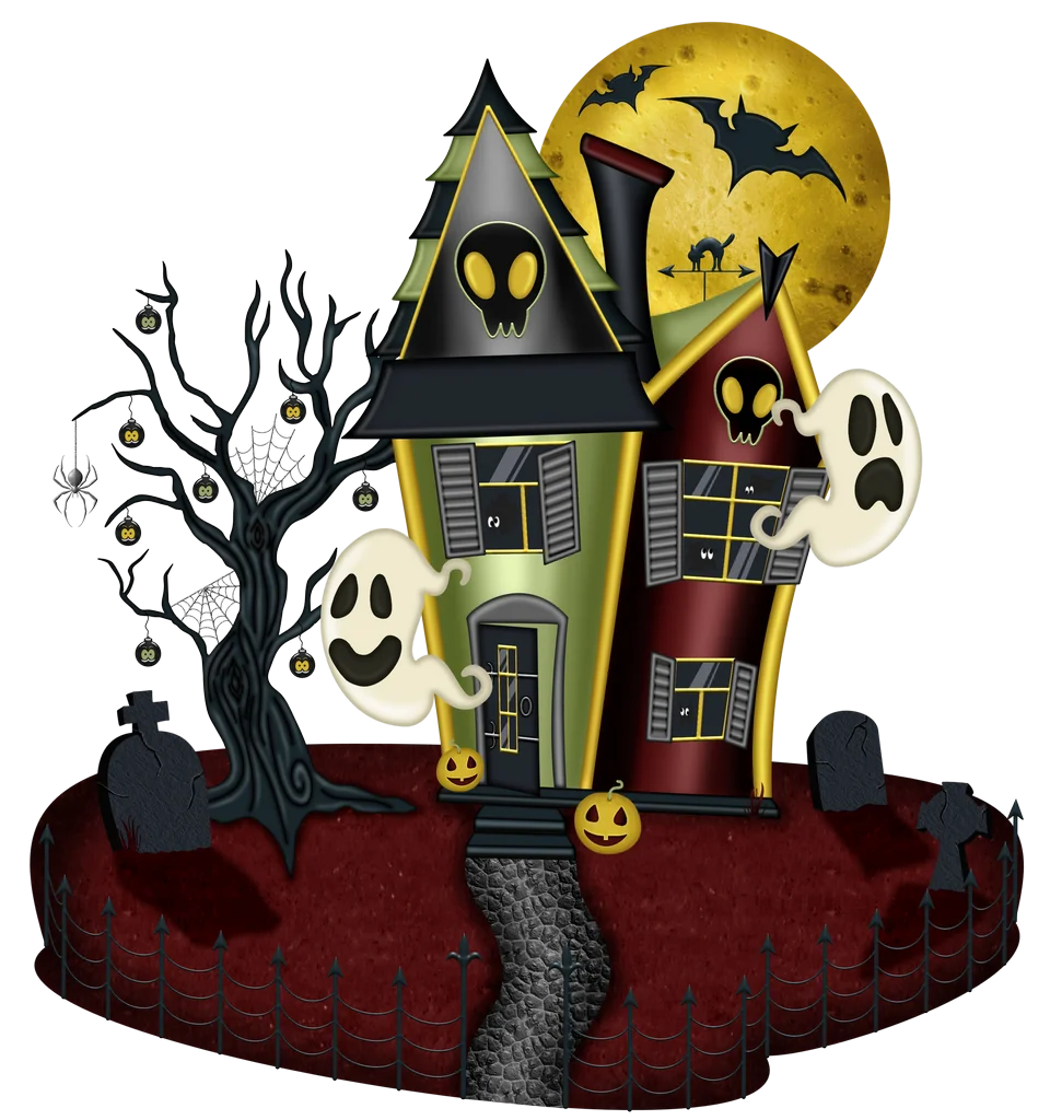 Spooky Haunted House Clipart with Ghostly Spirits and Halloween Night Scene