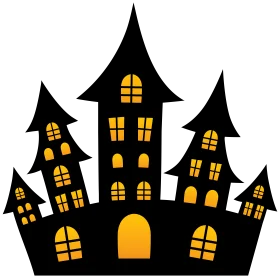 Spooky Silhouette Halloween Haunted House Clipart with Glowing Windows
