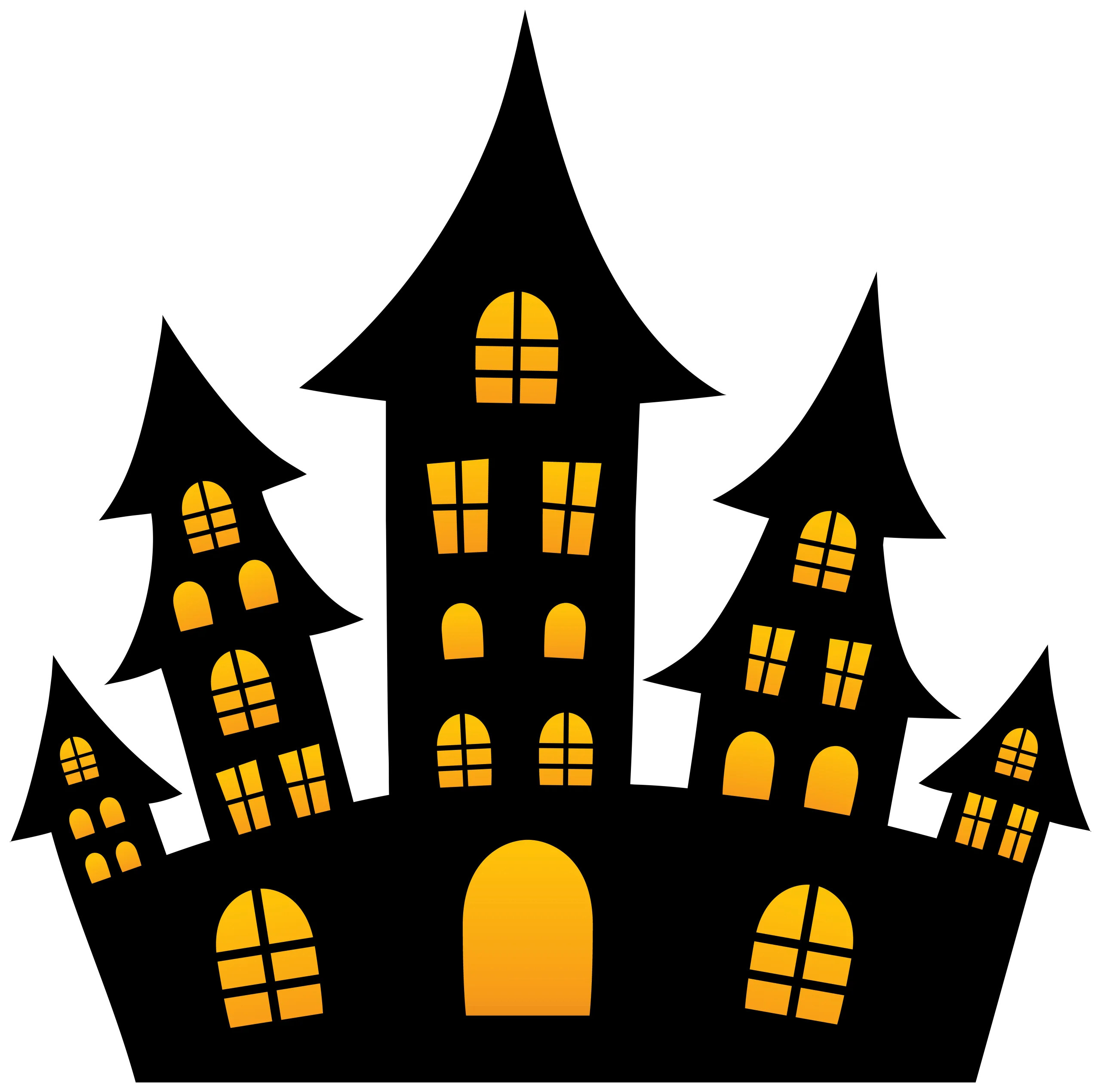 Spooky Silhouette Halloween Haunted House Clipart with Glowing Windows