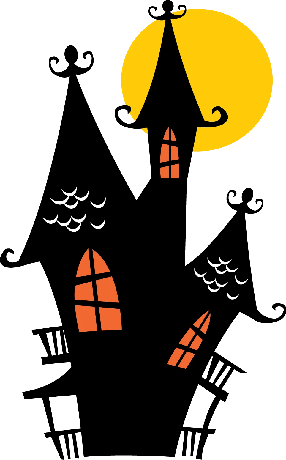 Spooky Silhouette Halloween Haunted House Clipart with Glowing Windows