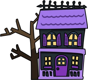 Whimsical Haunted Halloween House Clipart with Spooky Bare Tree Illustration