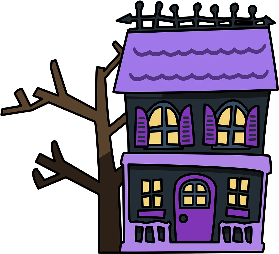 Whimsical Haunted Halloween House Clipart with Spooky Bare Tree Illustration