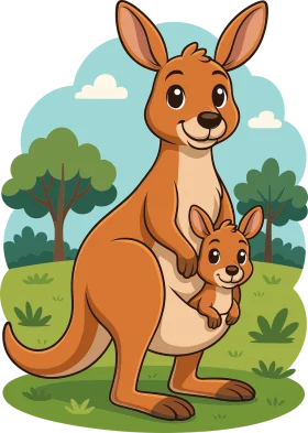 Adorable Mother Kangaroo and Joey Playful Cartoon Kangaroo Clipart Scene