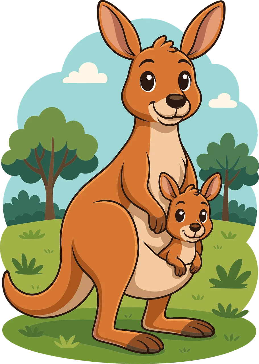 Adorable Mother Kangaroo and Joey Playful Cartoon Kangaroo Clipart Scene