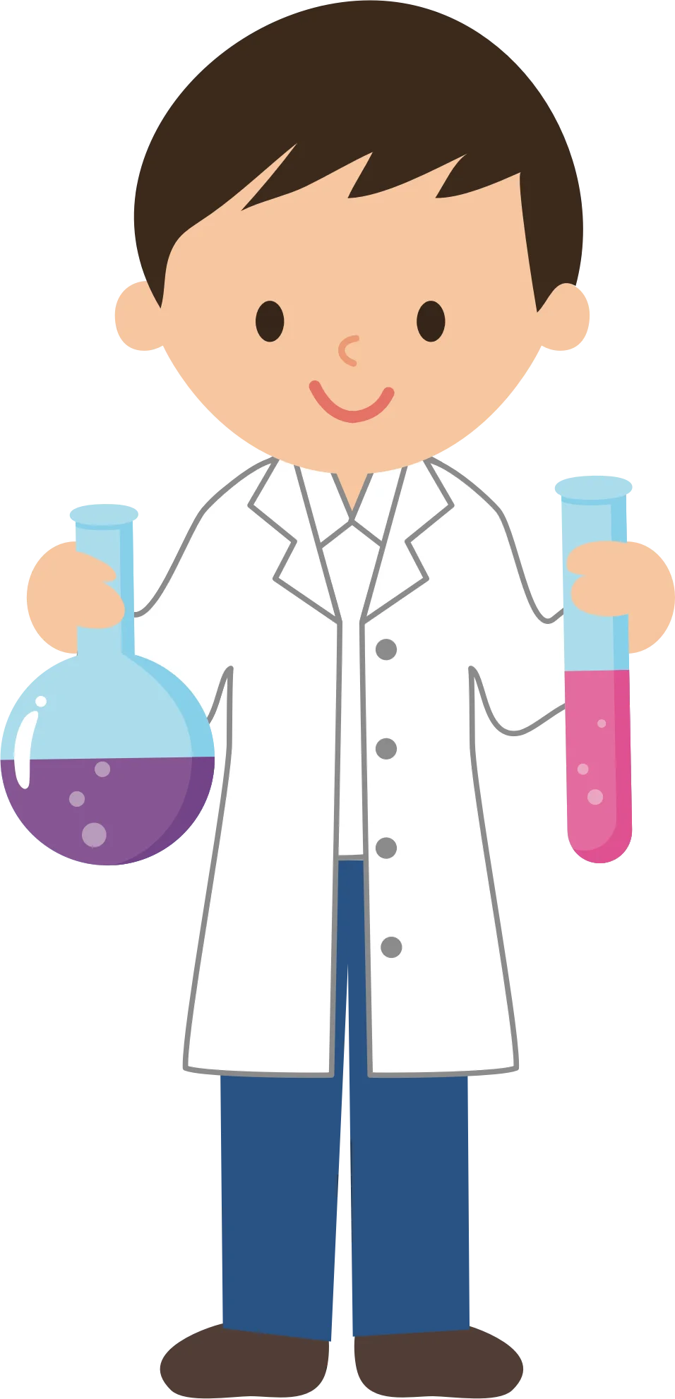 Cheerful Junior Scientist in Lab Coat Holding Chemistry Experiment Clipart