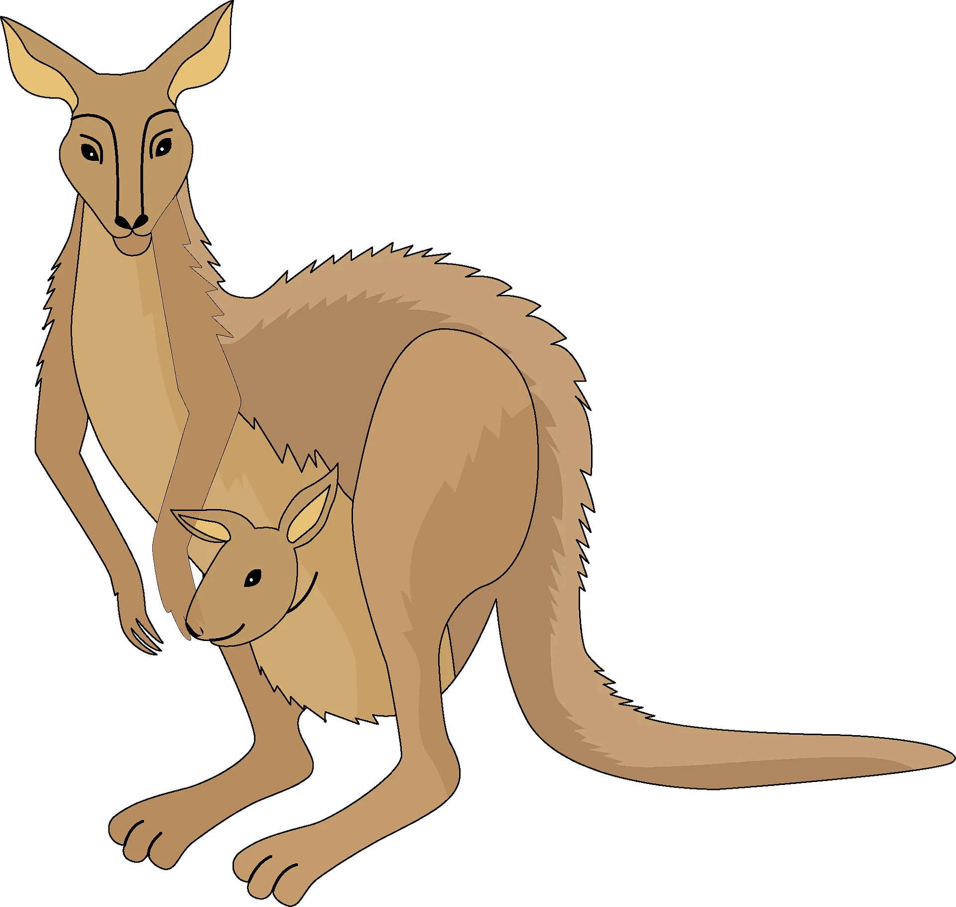 Gentle Brown Kangaroo Mother and Joey Cartoon Clipart Illustration