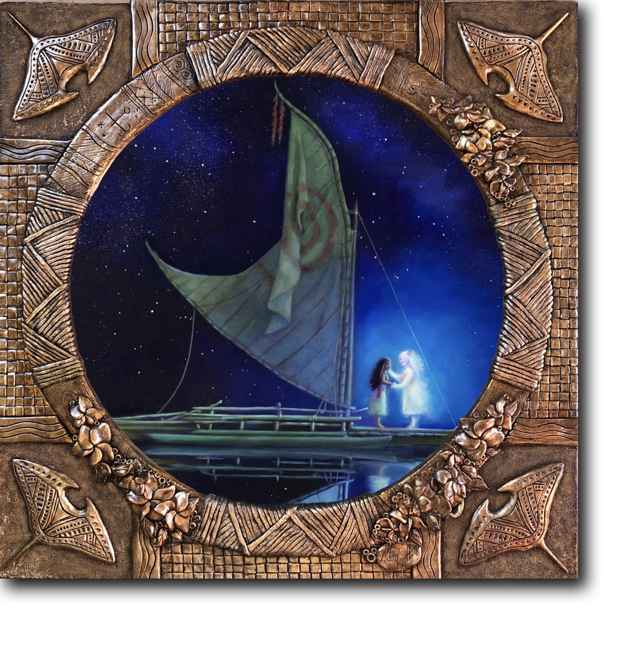 Mystical Nautical Nocturne: Ethereal Sailboat Clipart with Luminescent Figure