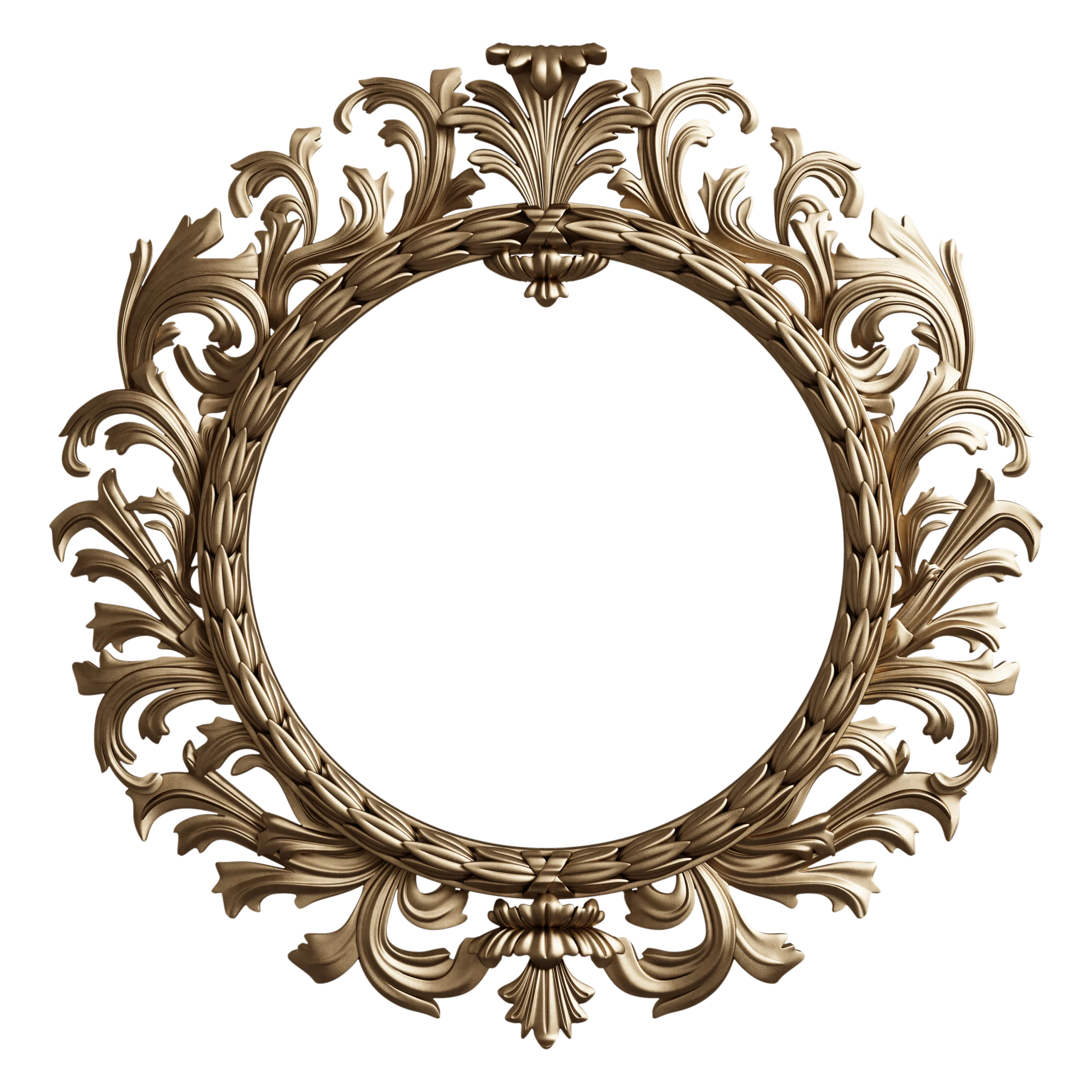 Ornate Baroque-Style Bronze Circular Mirror Frame Clipart with Intricate Scrollwork