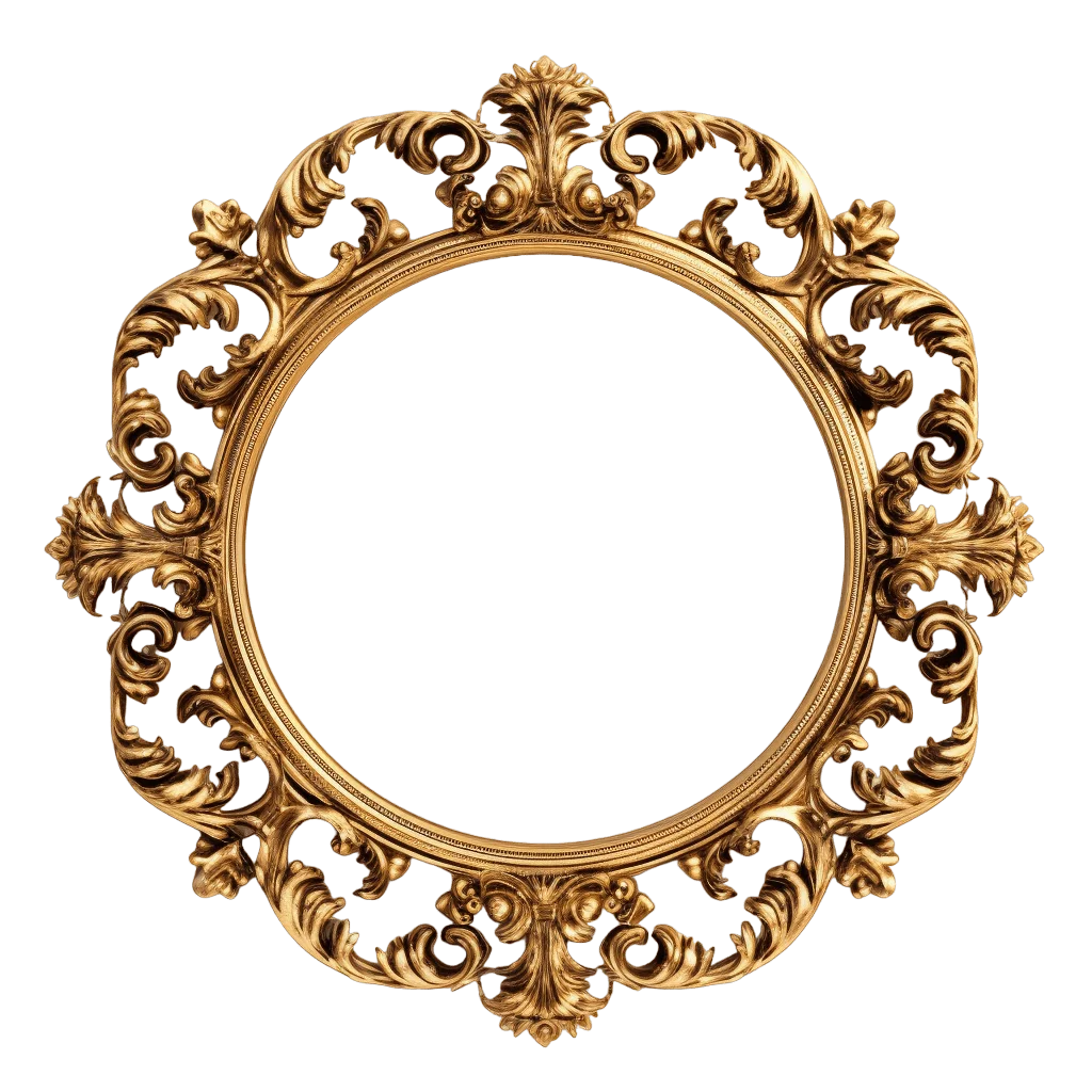 Ornate Golden Baroque Circular Mirror Frame Vintage Clipart Design