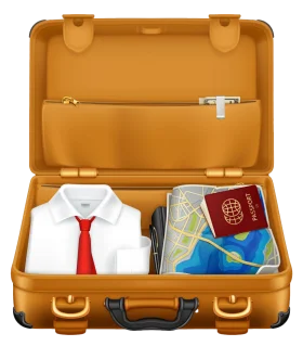 Travel-Ready Open Suitcase Clipart with Business Attire and Passport Essentials