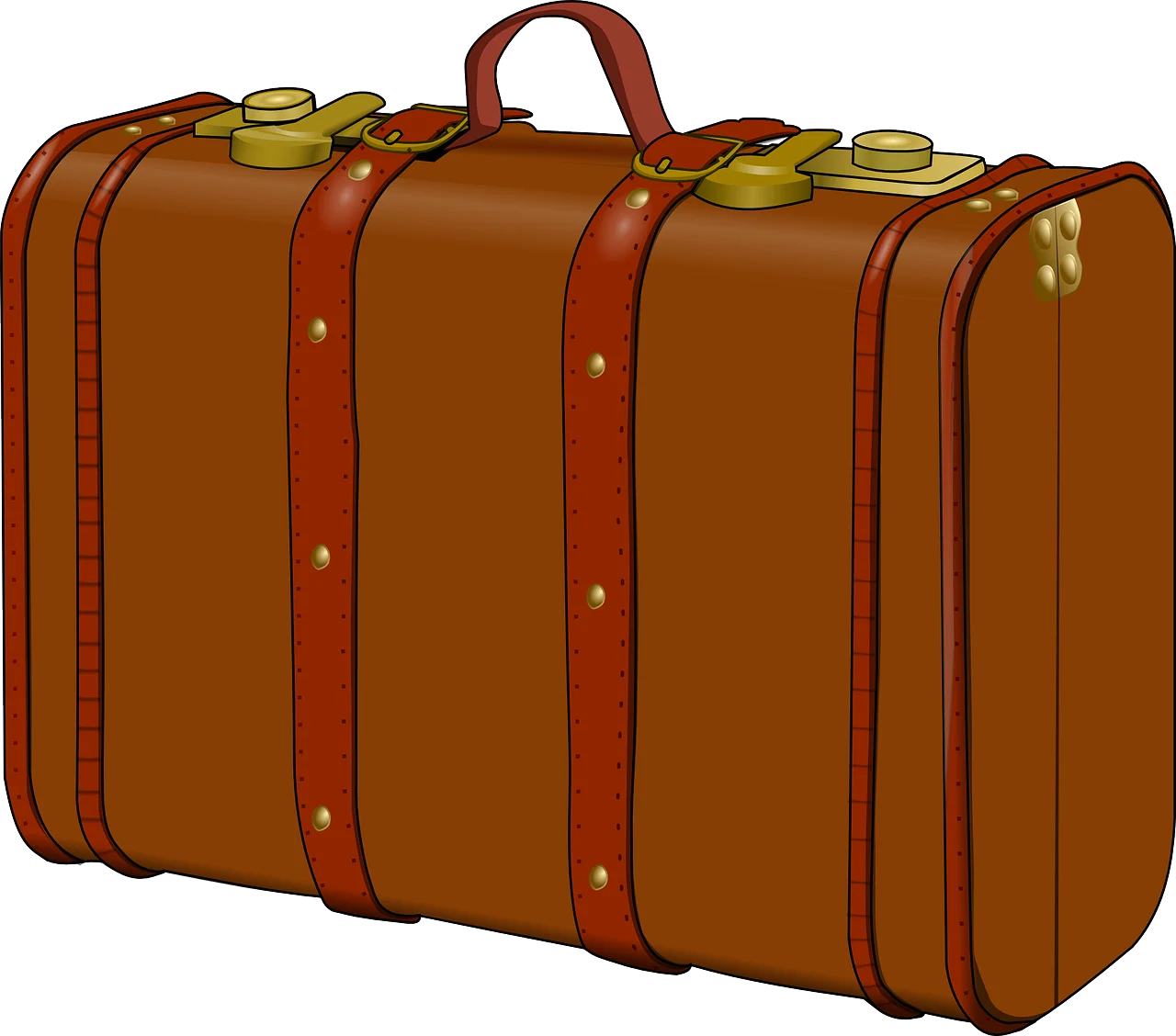 Vintage Brown Leather Travel Suitcase Clipart with Golden Accents and Straps