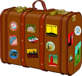 Vintage Leather Travel Suitcase Clipart with Nostalgic International Destination Stickers