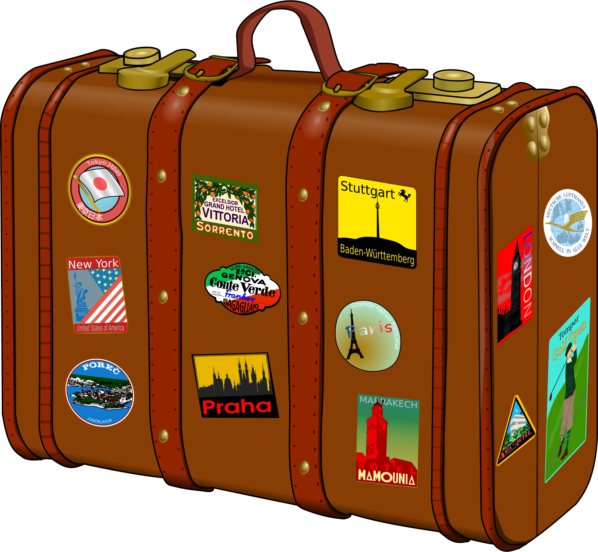 Vintage Leather Travel Suitcase Clipart with Nostalgic International Destination Stickers
