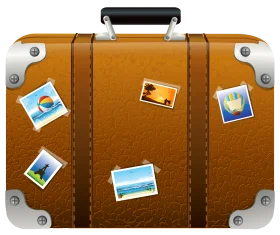 Vintage Leather Travel Suitcase with Colorful Destination Stickers Clipart Illustration