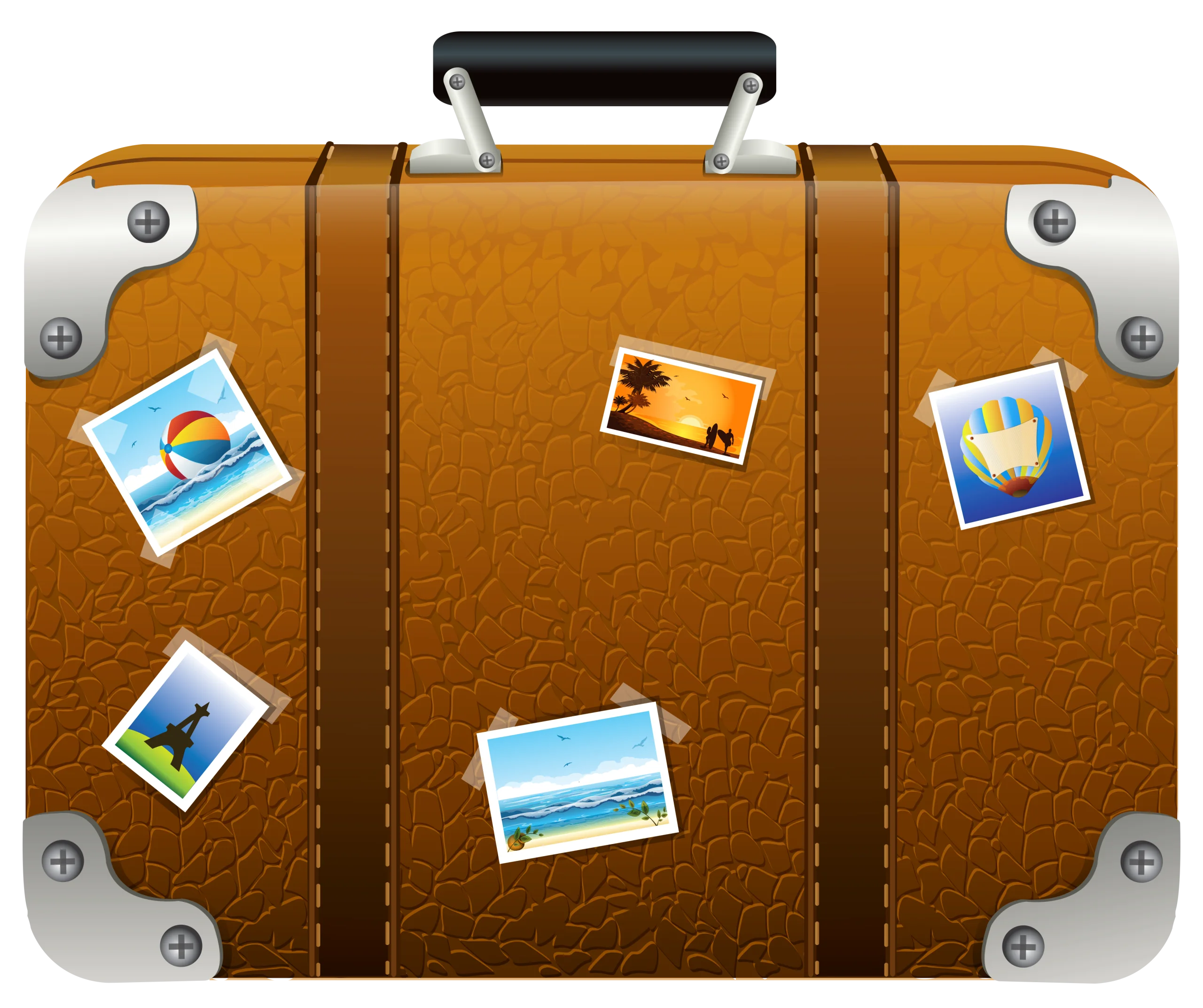 Vintage Leather Travel Suitcase with Colorful Destination Stickers Clipart Illustration