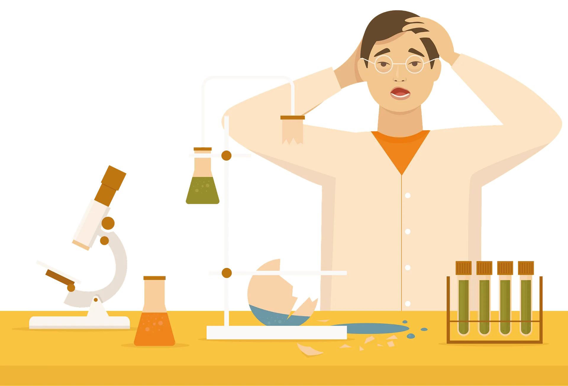 Anxious Laboratory Researcher Surrounded by Scientific Experiment Clipart Illustration