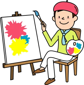 Cheerful Artist Creating Colorful Masterpiece on Canvas Clipart Illustration
