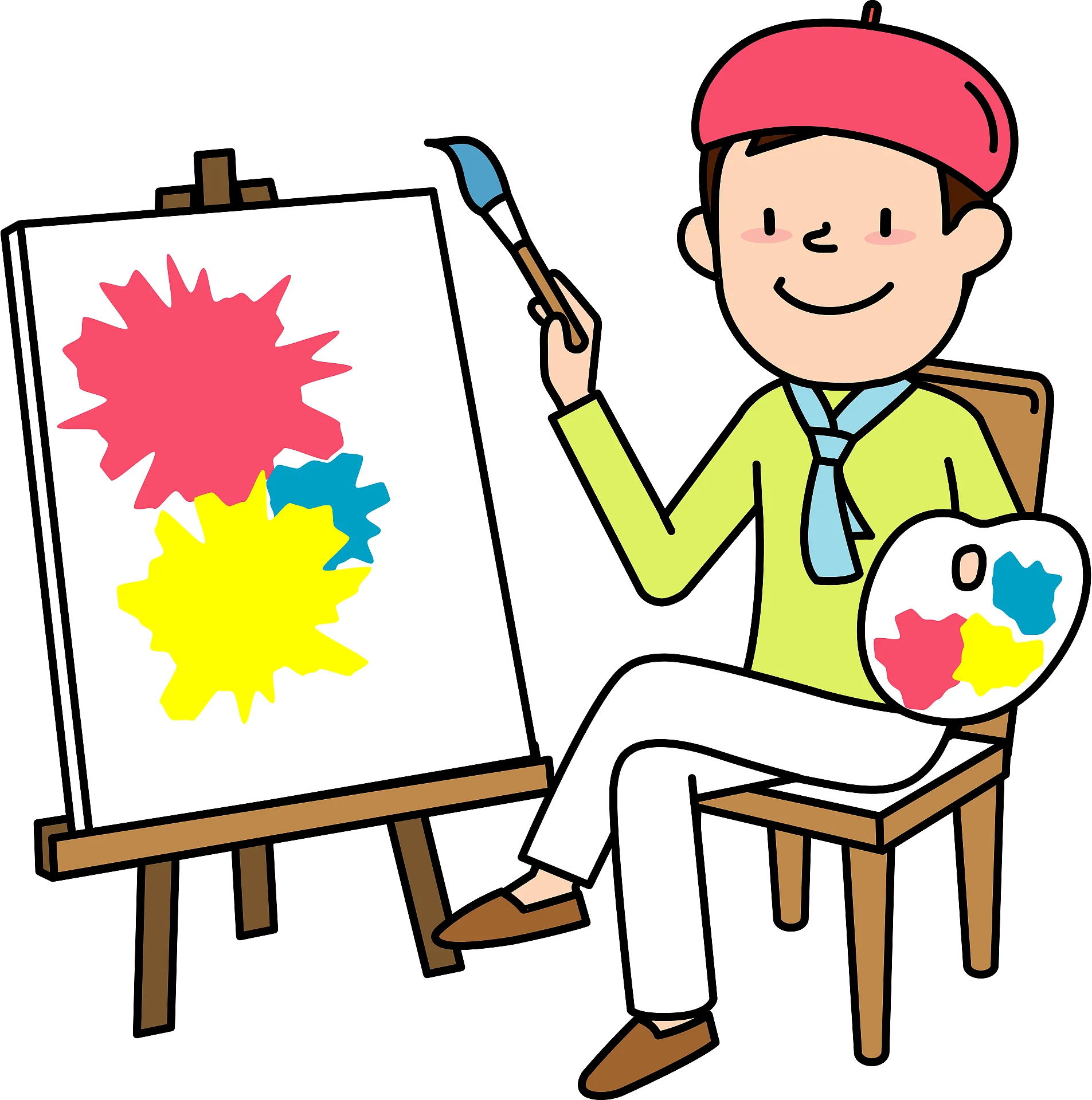 Cheerful Artist Creating Colorful Masterpiece on Canvas Clipart Illustration