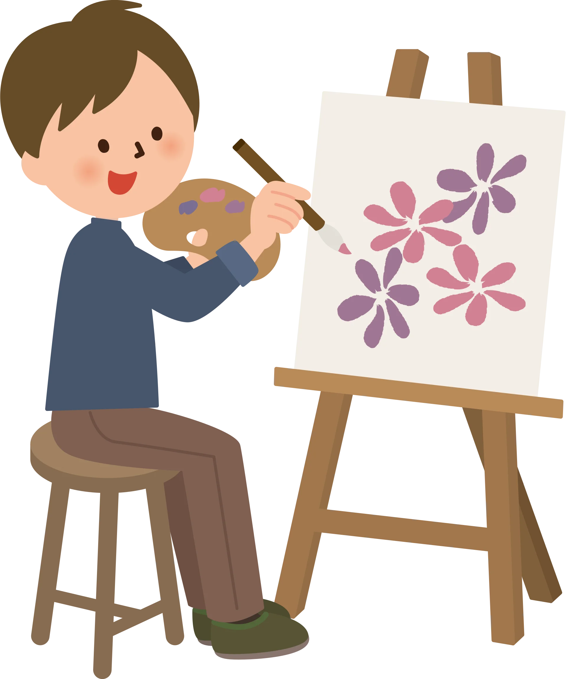 Cheerful Artist Creating Floral Masterpiece on Canvas Clipart Illustration
