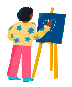 Cheerful Artist Painting a Heartfelt Scene on Canvas Easel Clipart Illustration