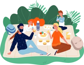 Cheerful Outdoor Picnic Gathering Clipart with Friends Enjoying Shared Meal