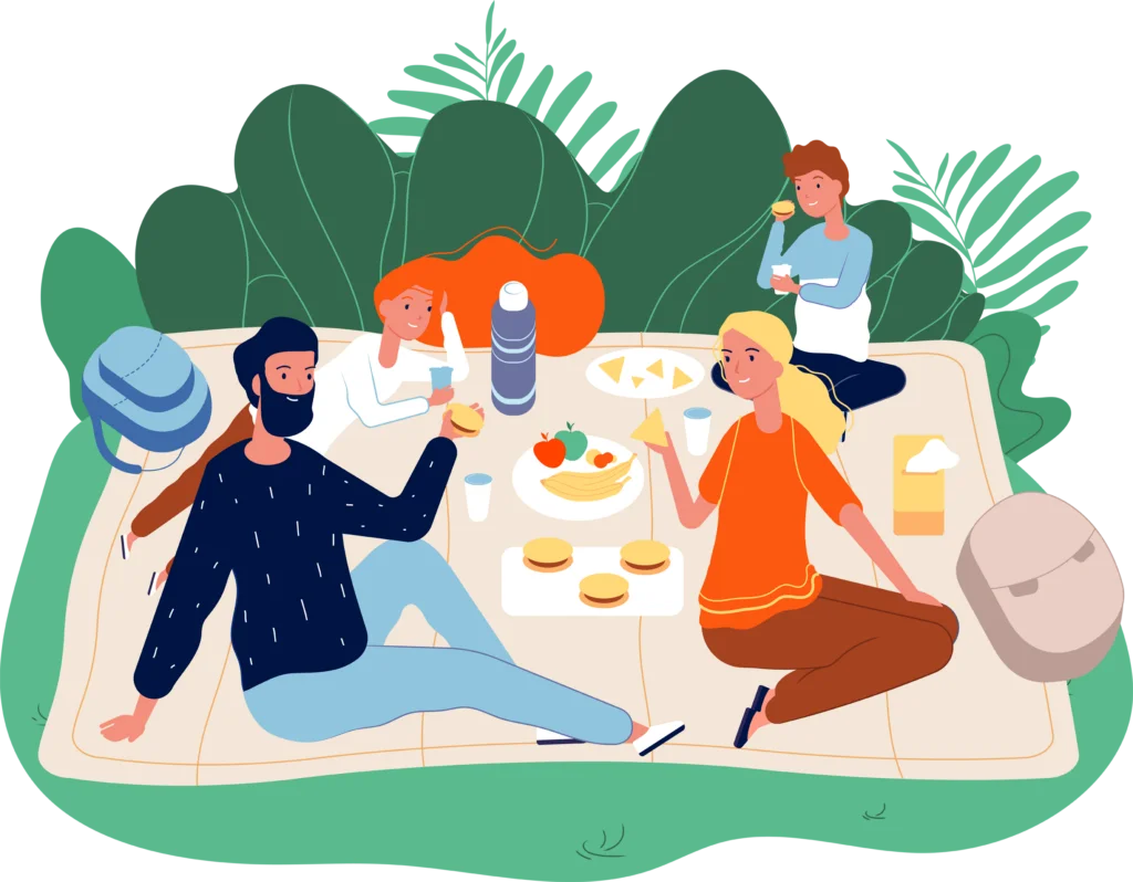 Cheerful Outdoor Picnic Gathering Clipart with Friends Enjoying Shared Meal