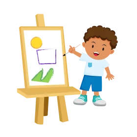 Cheerful Young Artist Showcasing Colorful Shapes on Painting Clipart Canvas