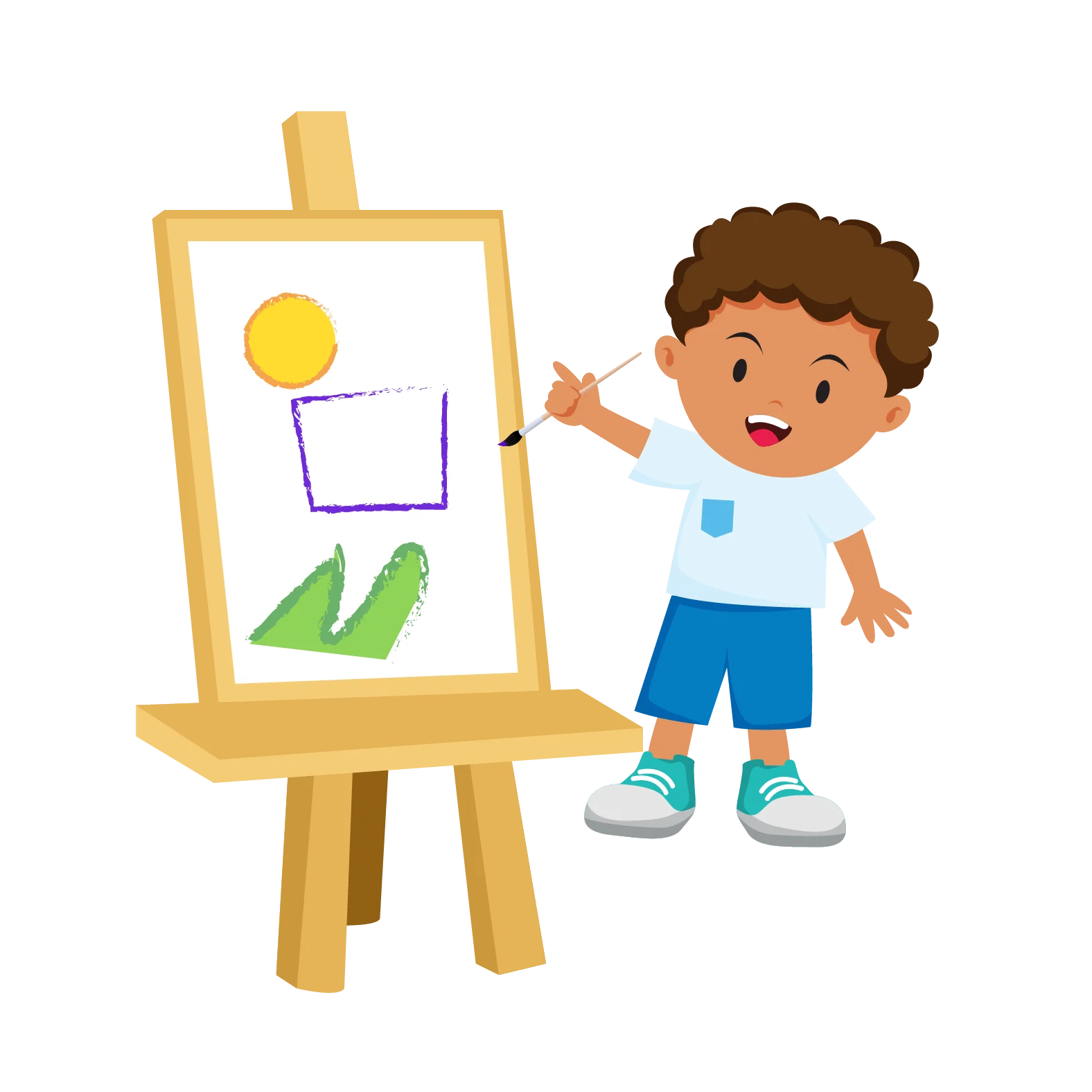 Cheerful Young Artist Showcasing Colorful Shapes on Painting Clipart Canvas