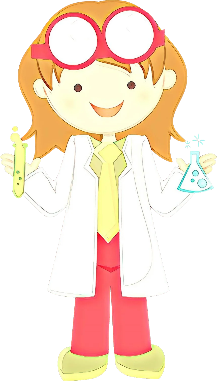Cheerful Young Female Scientist Clipart with Laboratory Glassware and Playful Goggles