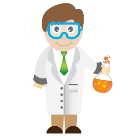 Cheerful Young Scientist in Lab Coat Conducting Playful Chemistry Experiment Clipart