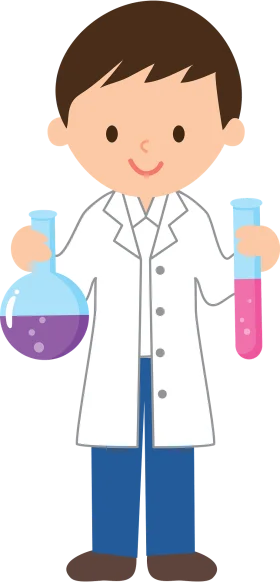 Cheerful Young Scientist in Lab Coat Holding Chemical Flasks Cartoon Clipart