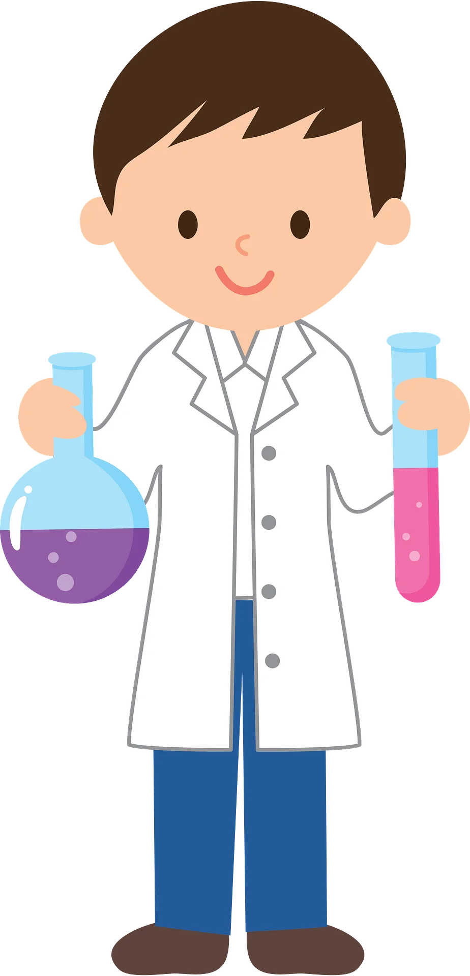 Cheerful Young Scientist in Lab Coat Holding Chemical Flasks Cartoon Clipart
