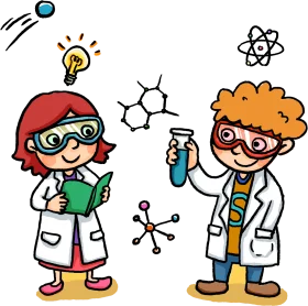 Cheerful Young Scientists Exploring Knowledge with Playful Cartoon Clipart