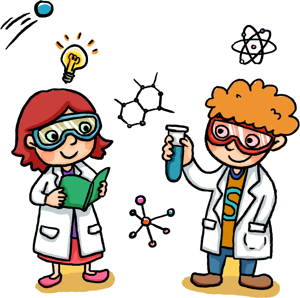 Cheerful Young Scientists Exploring Knowledge with Playful Cartoon Clipart