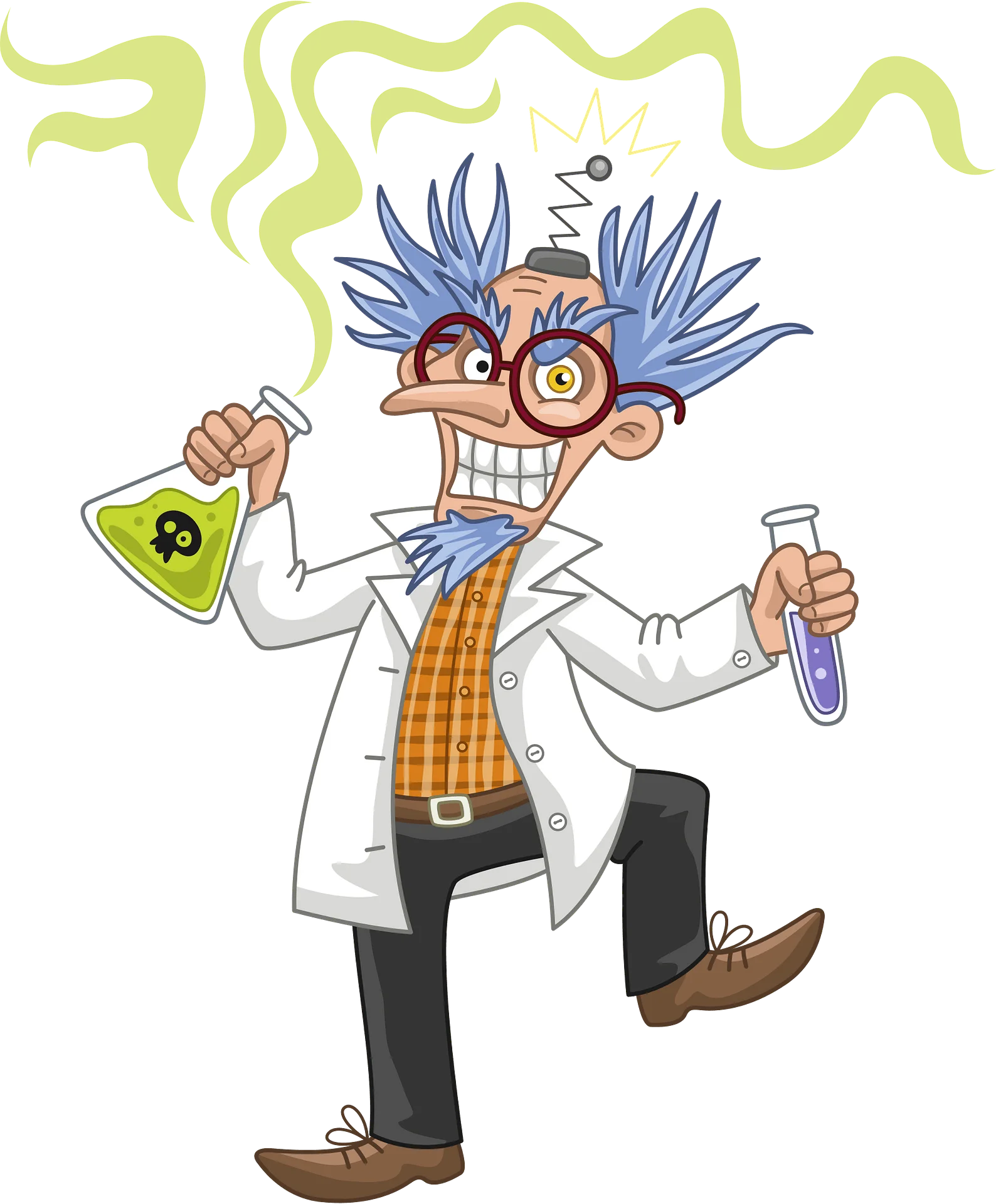 Eccentric Mad Scientist Clipart: Wild-Haired Researcher with Laboratory Glassware