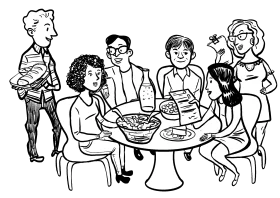 Friendly Family Dinner Gathering Clipart Illustration of Social Mealtime