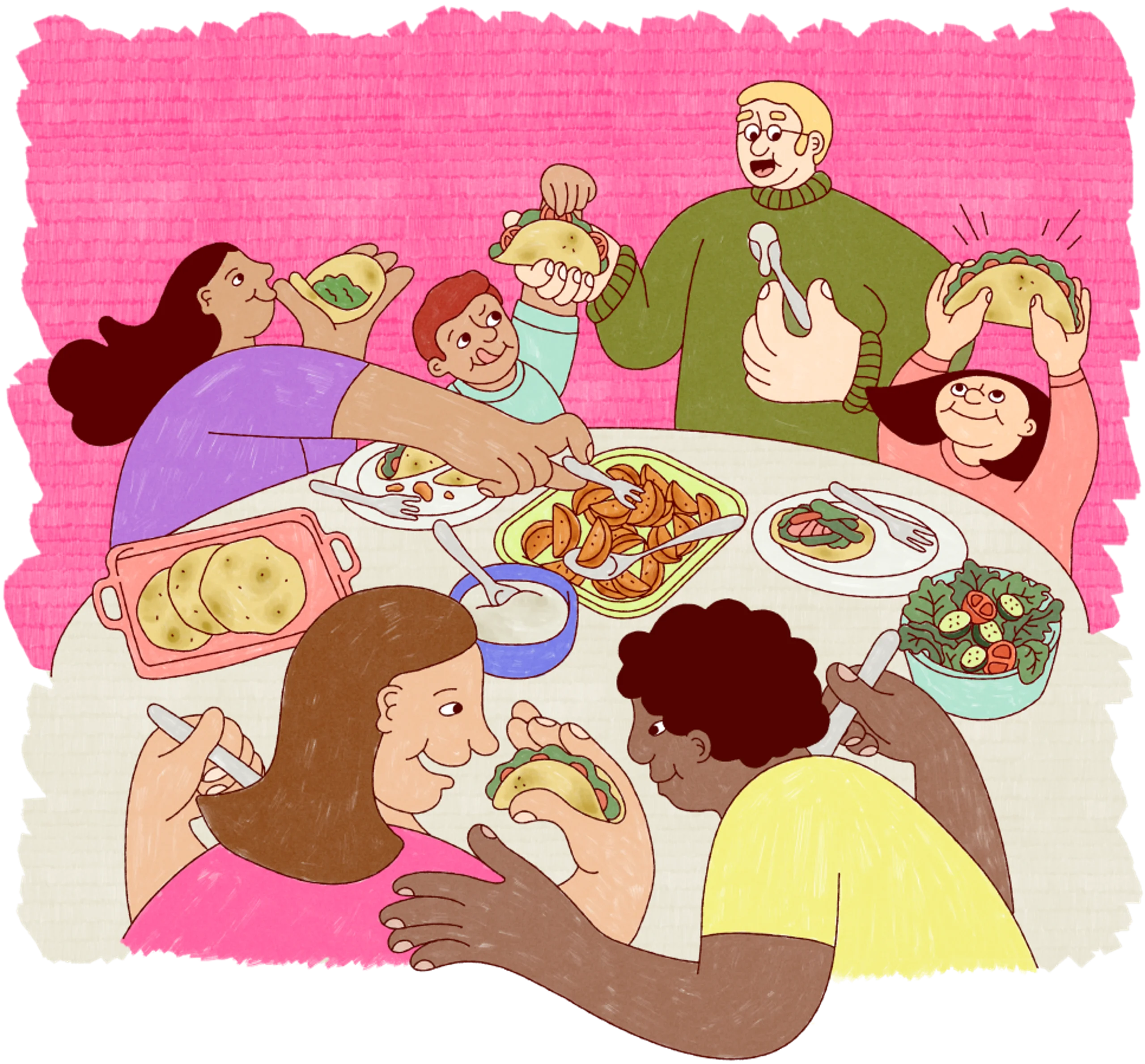 Heartwarming Family Dinner Scene Colorful Meal Time Clipart Illustration