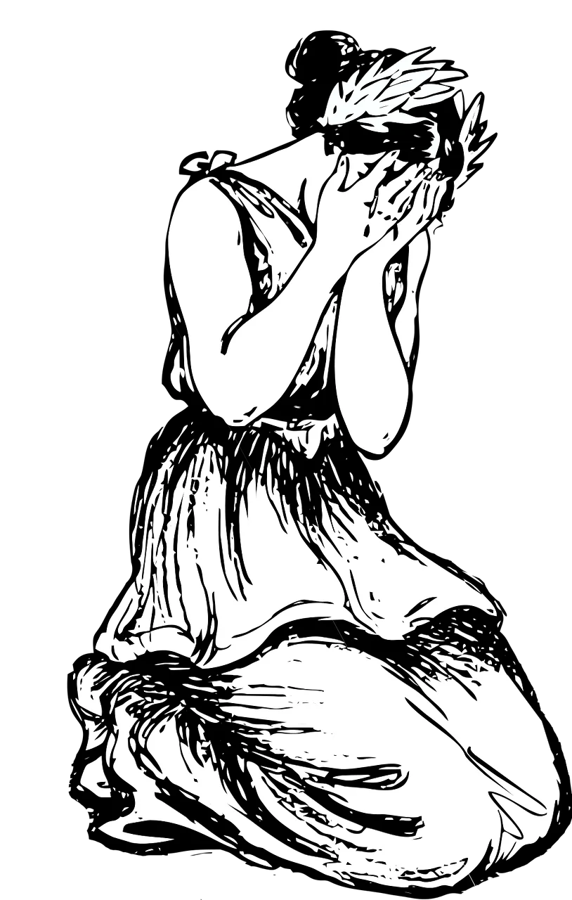 Melancholy Moments: A Poignant Black and White Emotional Clipart Illustration