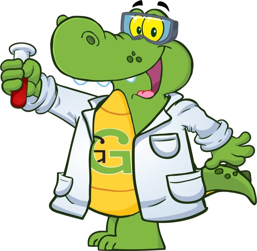 Playful Green Crocodile Scientist Clipart: Laboratory Adventure in Cartoon Style