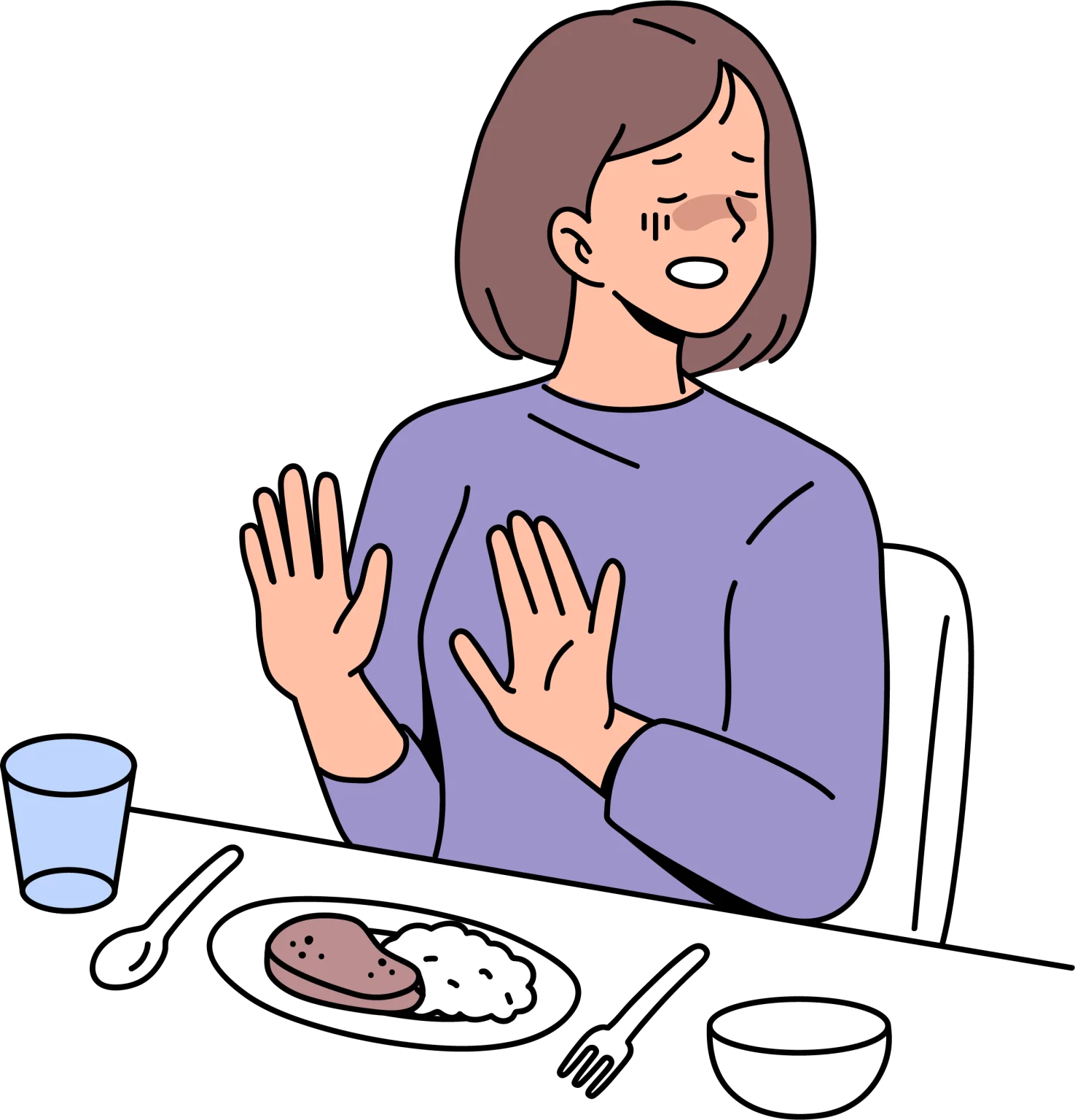 Polite Dining Gesture: A Cartoon Clipart Scene of Meal Refusal