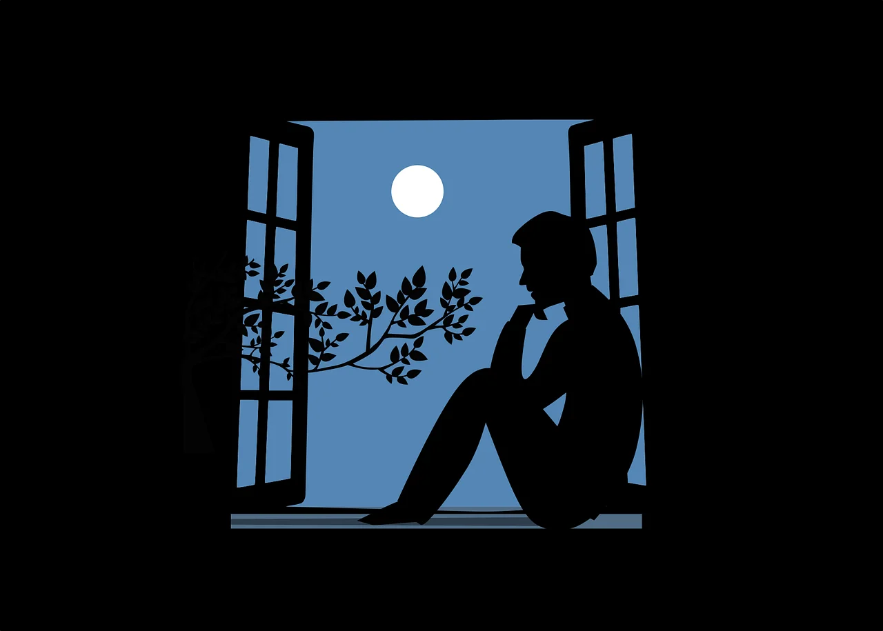 Solitary Silhouette: A Melancholic Midnight Reflection Clipart Illustration