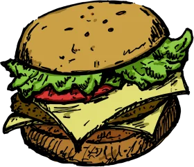 Classic Hand-Drawn Cheeseburger Clipart with Rustic Sketch Style Illustration