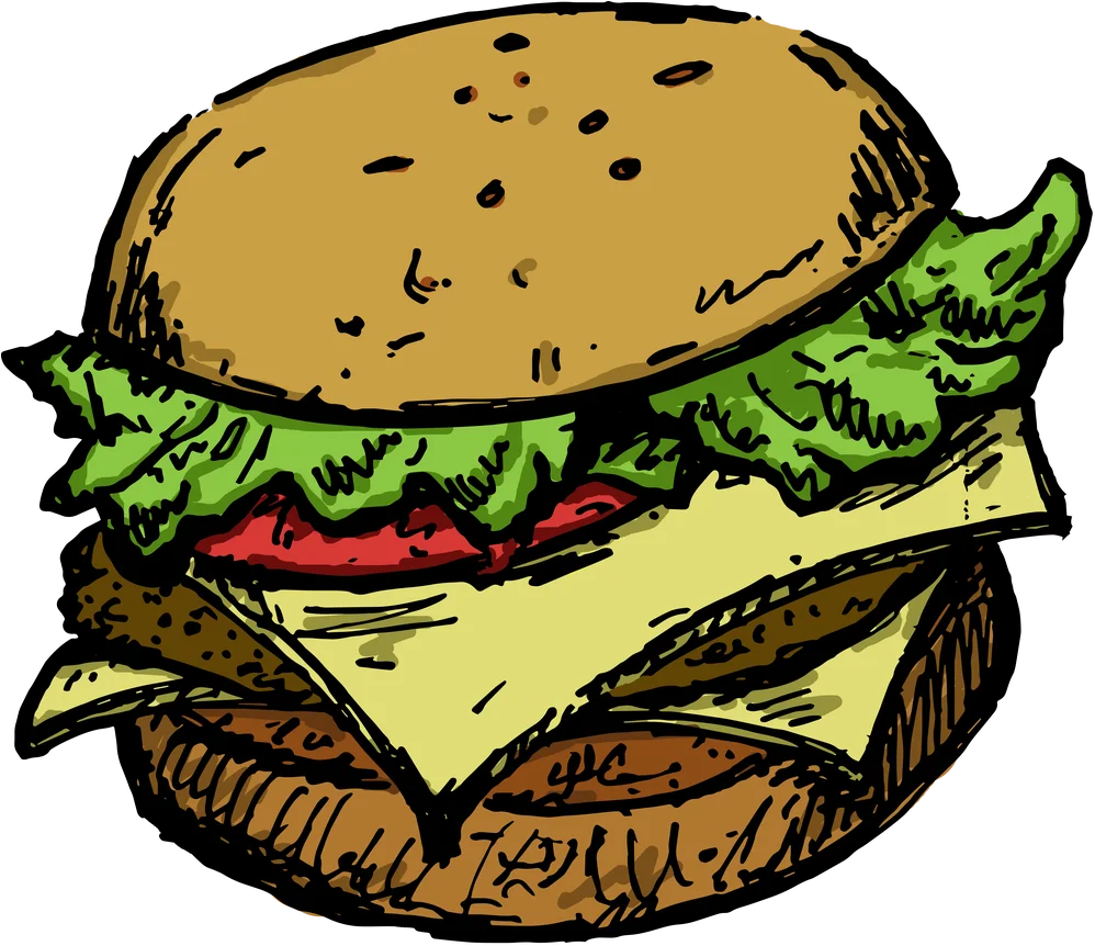 Classic Hand-Drawn Cheeseburger Clipart with Rustic Sketch Style Illustration