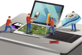 Digital Innovation Teamwork: Collaborative Software Development Clipart Scene